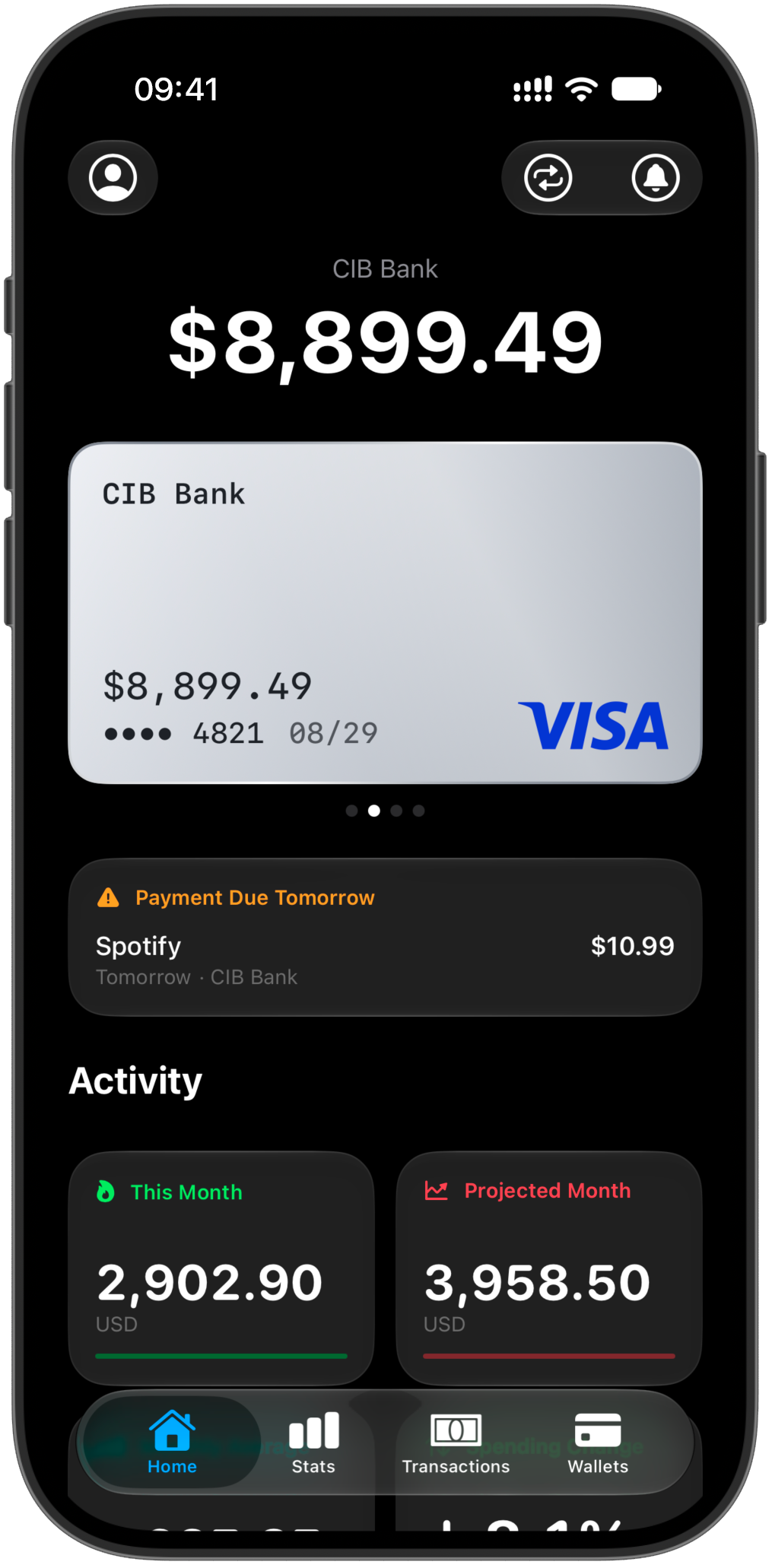The Finansist home screen: a wallet balance, the card carousel, what is due tomorrow, and this month against the projected month.