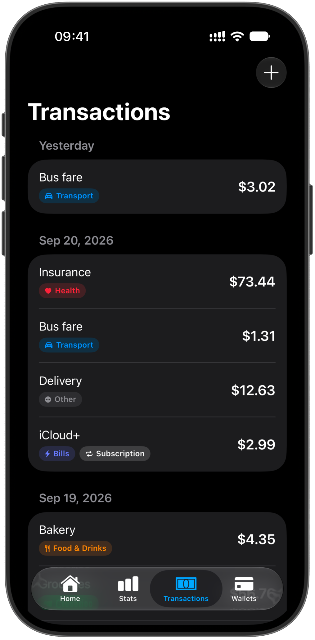 The Transactions tab: entries grouped by day, each tagged with its category, subscriptions marked as such.
